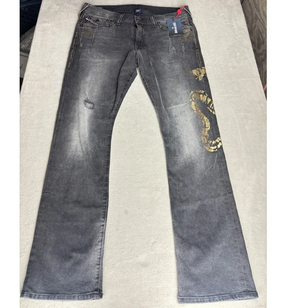 True Religion Ricky W Flap Straight Jeans Black Gold Snake Distressed Mens 38